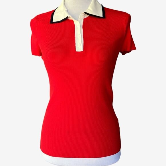 ELIE TAHARI womens S Navy/Red Tipped Polo Ribbed Pullover Top - Picture 1 of 6
